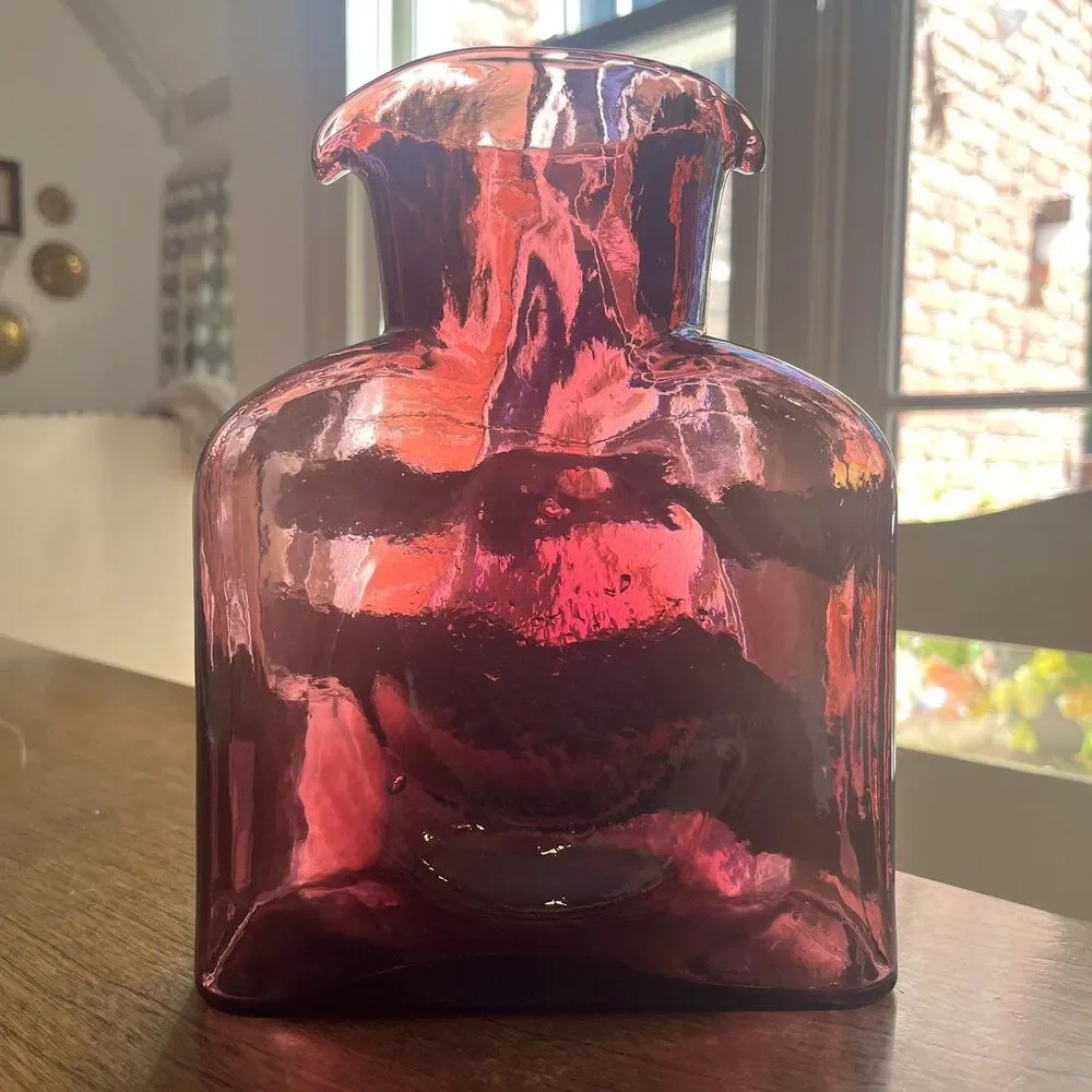 Blenko #384 Amethyst Double Spout Water Bottle Hand Blown MCM Glass 2001 Signed